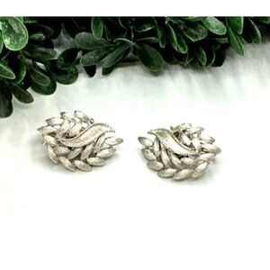 Vintage Silver-Tone Leaf Clip-On Earrings With Textured Design by Trifari